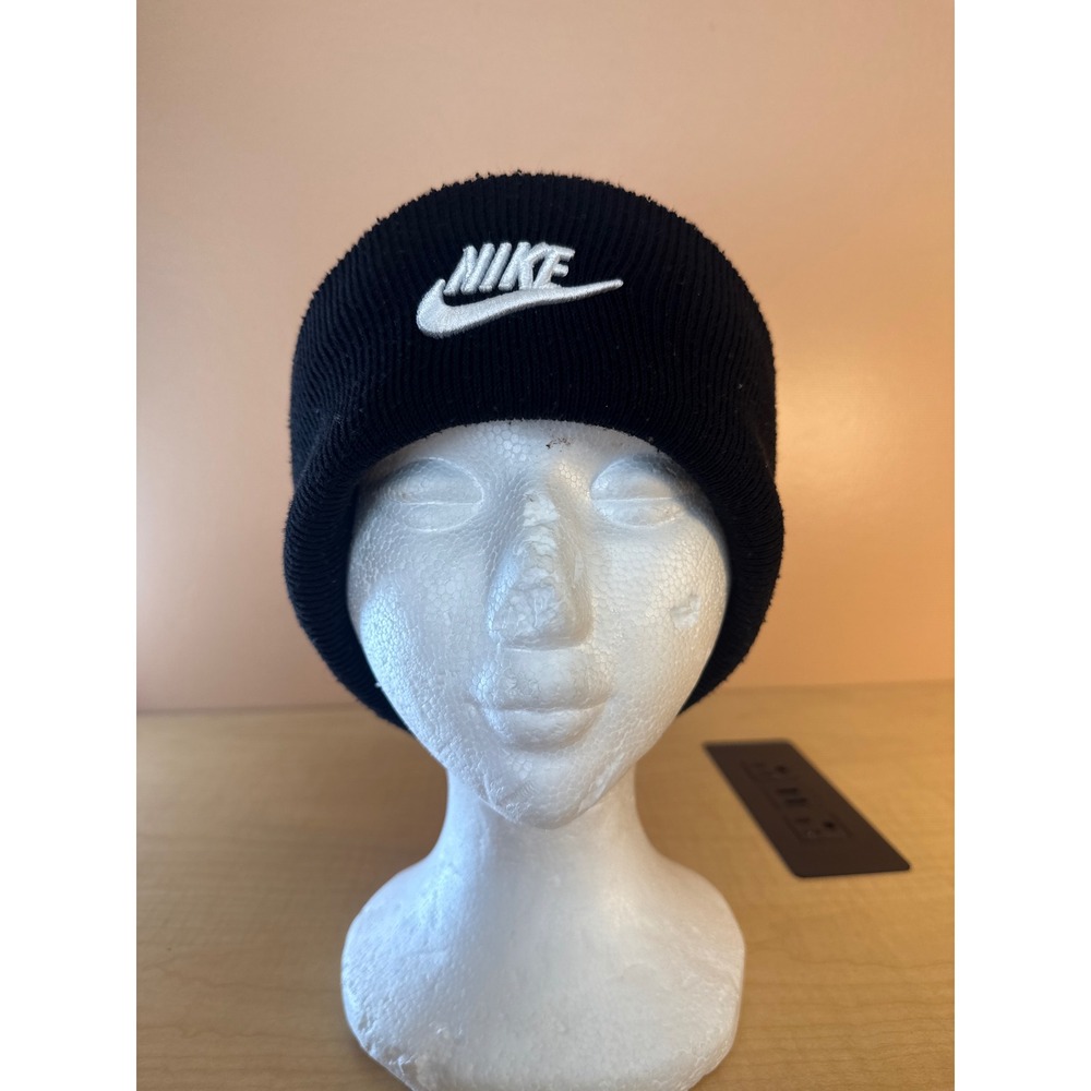 Nike Cuffed Beanie Black Ribbed Knit Hat White Embroidered Swoosh Logo